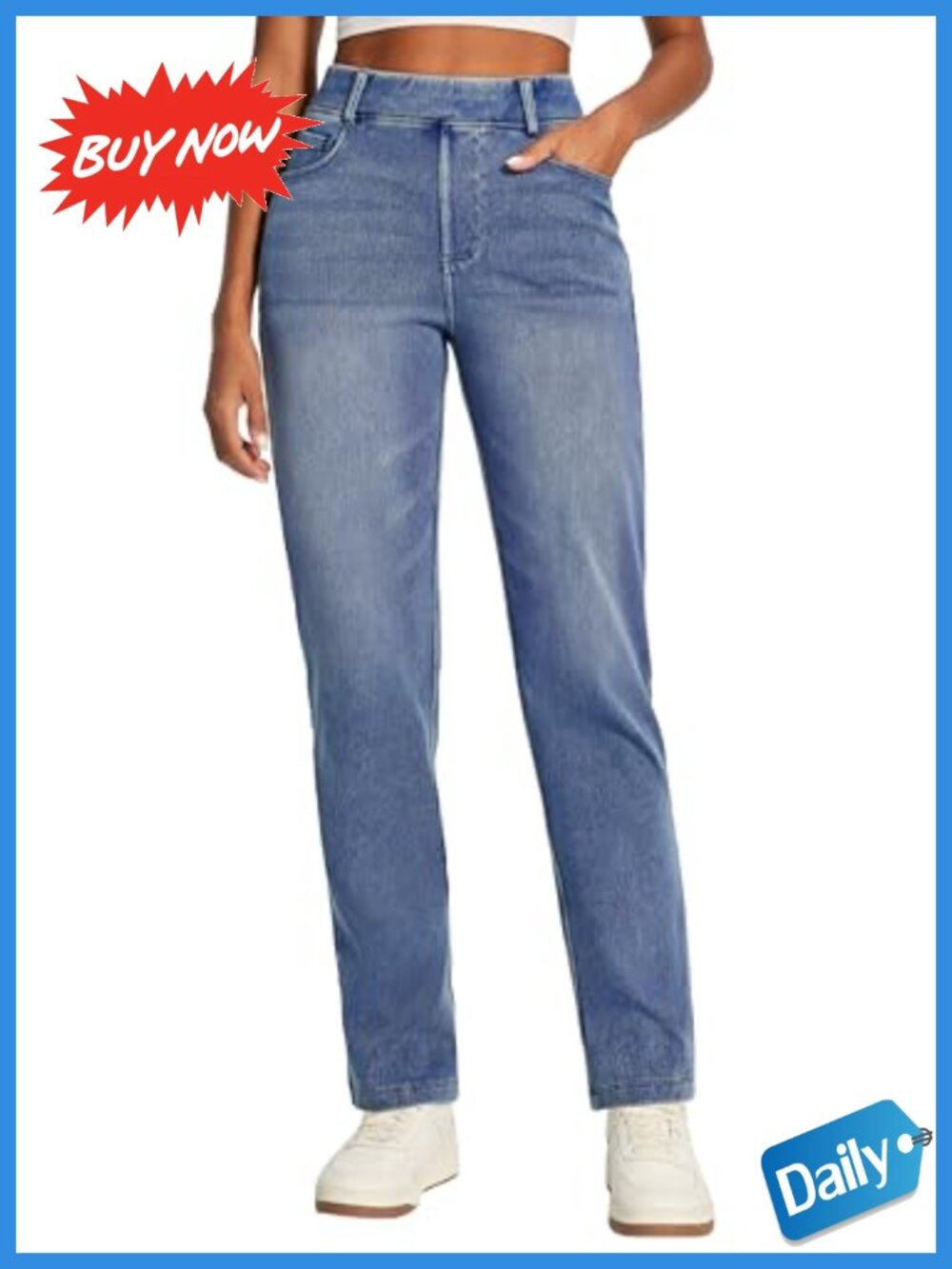 Stretchy Pull On Straight Leg Jeans High Waisted Tummy Control Denim